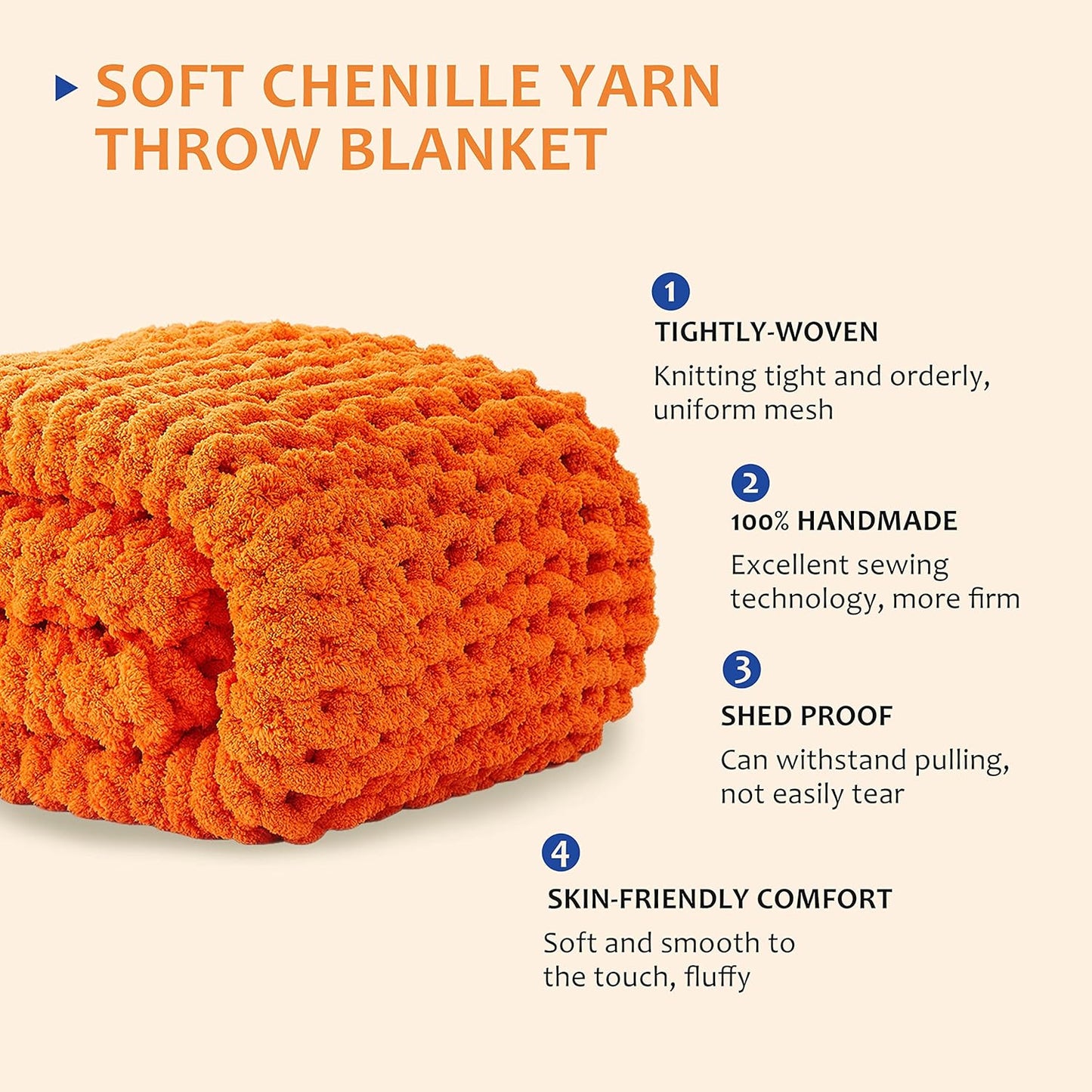 L'AGRATY Chunky Knit Blanket Throw: 50''x60'' Chenille Chunky Knitted Throw Blanket for Bed Couch - Handmade Thick Big Cable Knit Blanket - Large Chunky Crochet Rope Blanket for Home Decor(Orange)