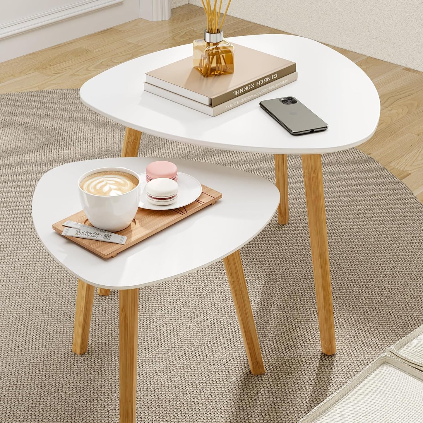 BAMEOS Bamboo Nesting Triangle End Table,Set of 2 Coffee Table Modern Minimalist Side Table for Living Room, Balcony in White