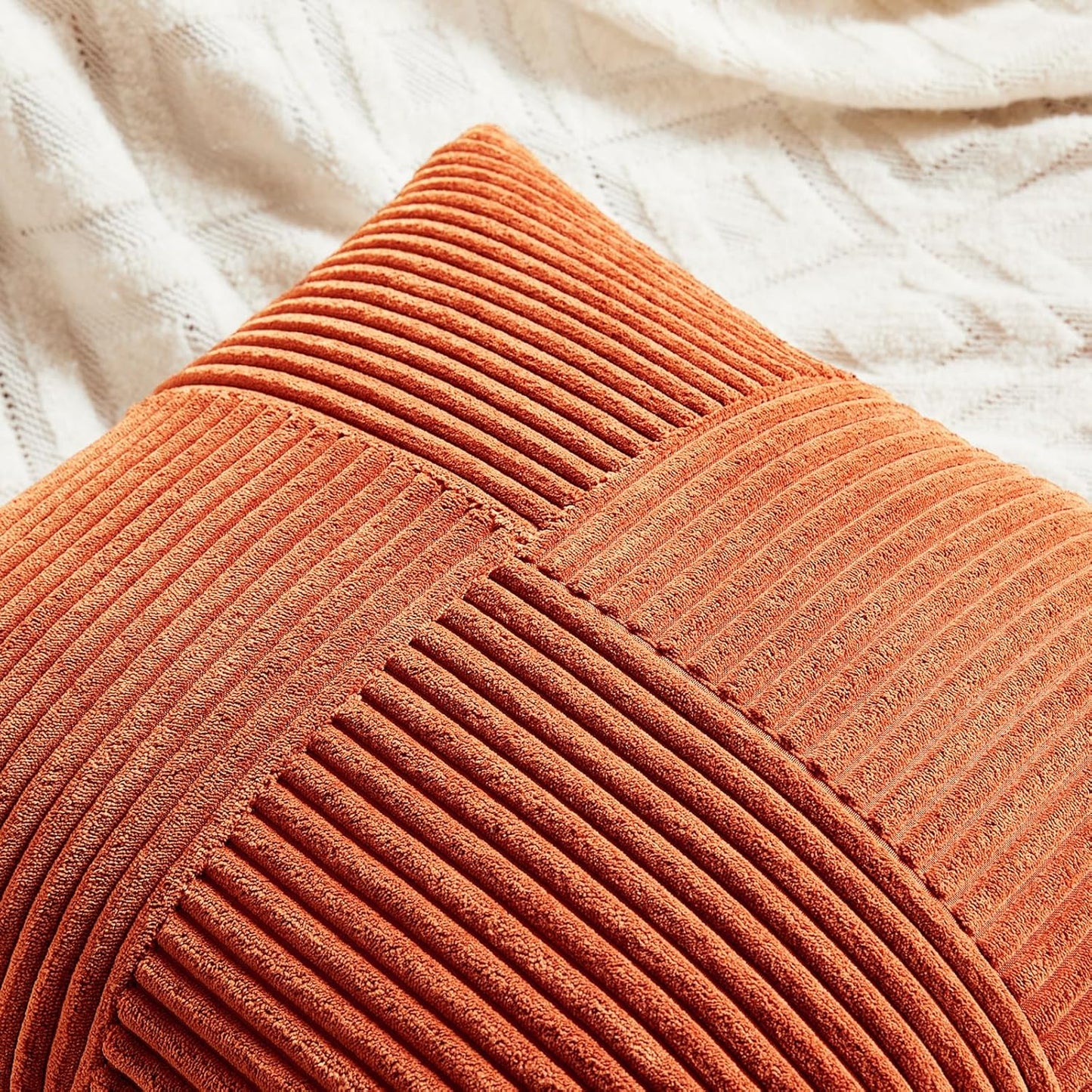 Fancy Homi Set of 2 Burnt Orange Decorative Throw Pillow Covers 24x24 Inch for Living Room Couch Bed, Boho Farmhouse Fall Home Decor, Soft Corss Corduroy Patchwork Textured Cushion Case 60x60 cm