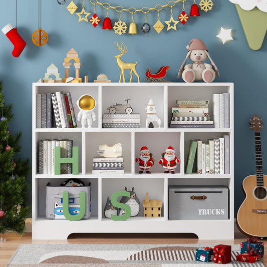 Book Shelf, 10 Cubes Storage Organizer, 3-Tier Open Shelf Wooden Bookcase, Freestanding White Bookshelf Cube Shelf for Bedroom, Living Room, Home Office