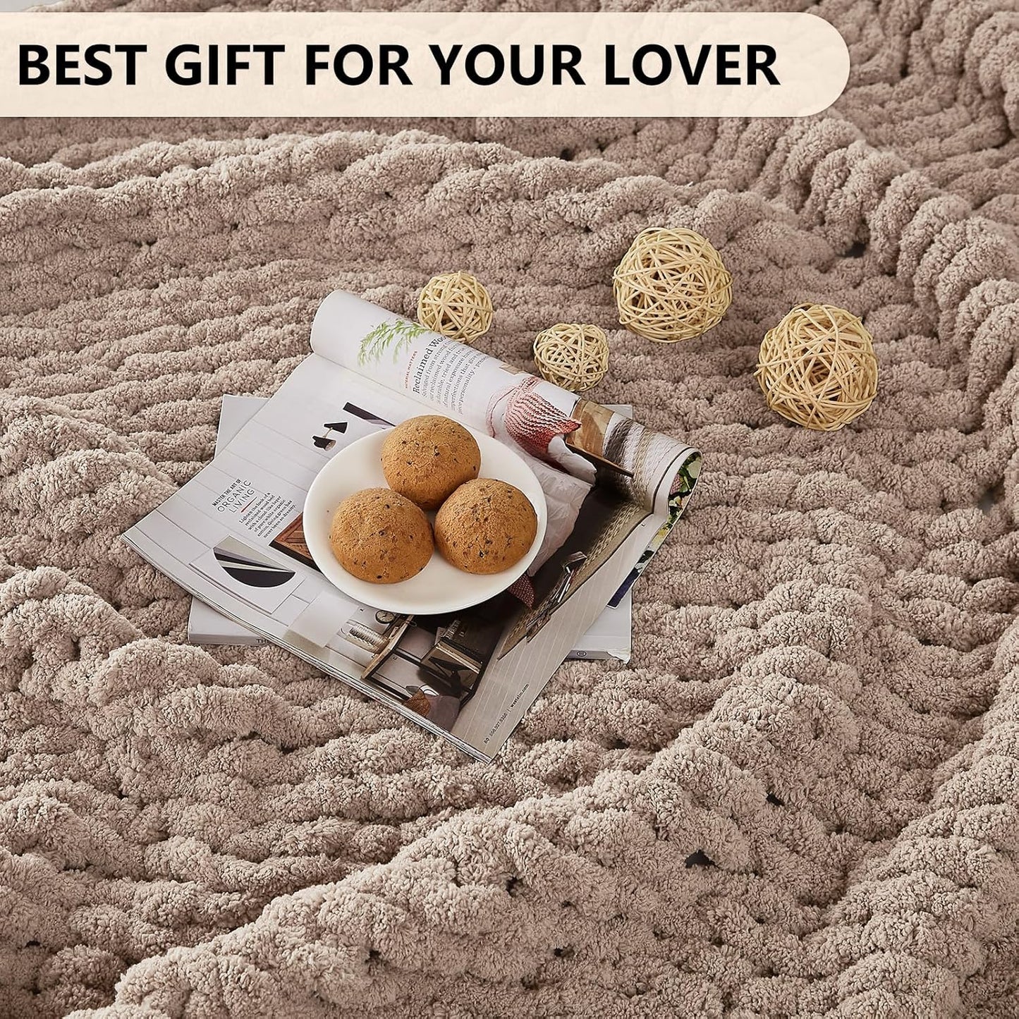 L'AGRATY Chunky Knit Blanket Throw: 50''x60'' Chenille Chunky Knitted Throw Blanket for Bed Couch - Handmade Thick Big Cable Knit Blanket - Large Crochet Rope Blanket for Home Decor(Light Taupe)