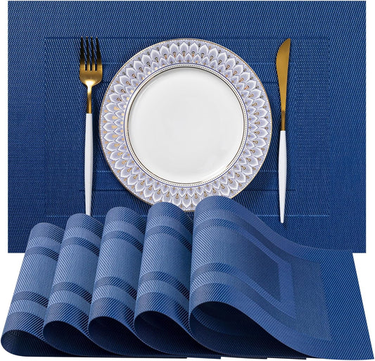 LEXMORE Placemats Set of 4 Vinyl/Plastic Woven Place Mats for Kitchen Table Indoor/Outdoor Washable Placemat Wipeable Dining Table Mats(Navy Cube)