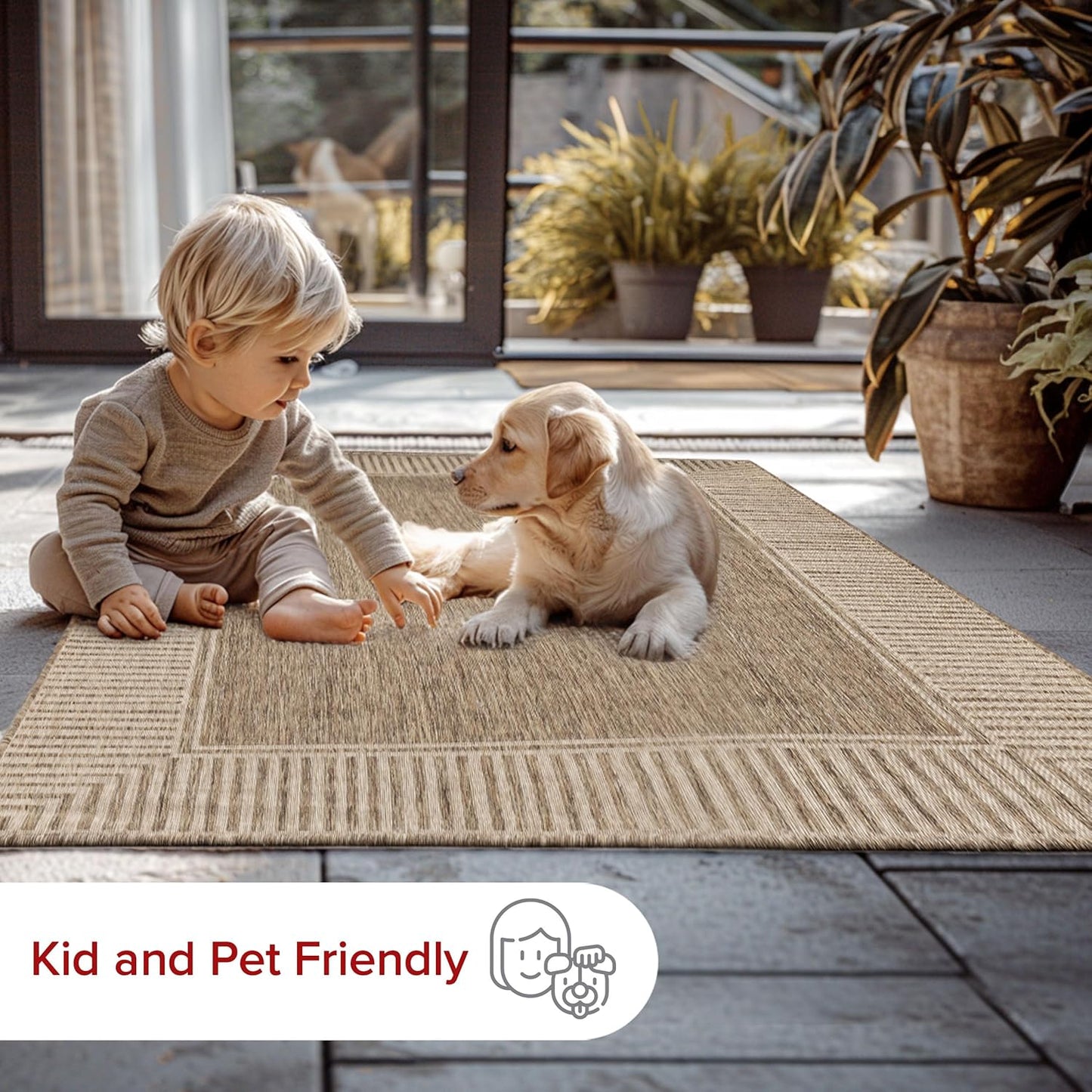 nuLOOM 2x8 Outdoor/Indoor Asha Area Rug, Light Brown, Casual Design With Striped Border, Stain Resistant, Highly Durable, For Patio, Balcony, Bedroom, Living Room, Dining Room, Bathroom