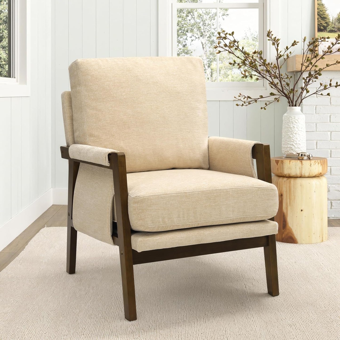 Modern Accent Chair for Living Room Mid Century Arm Chair Upholstered Bedroom Chair Comfy Lounge Chair with Solid Wood Frame, Beige