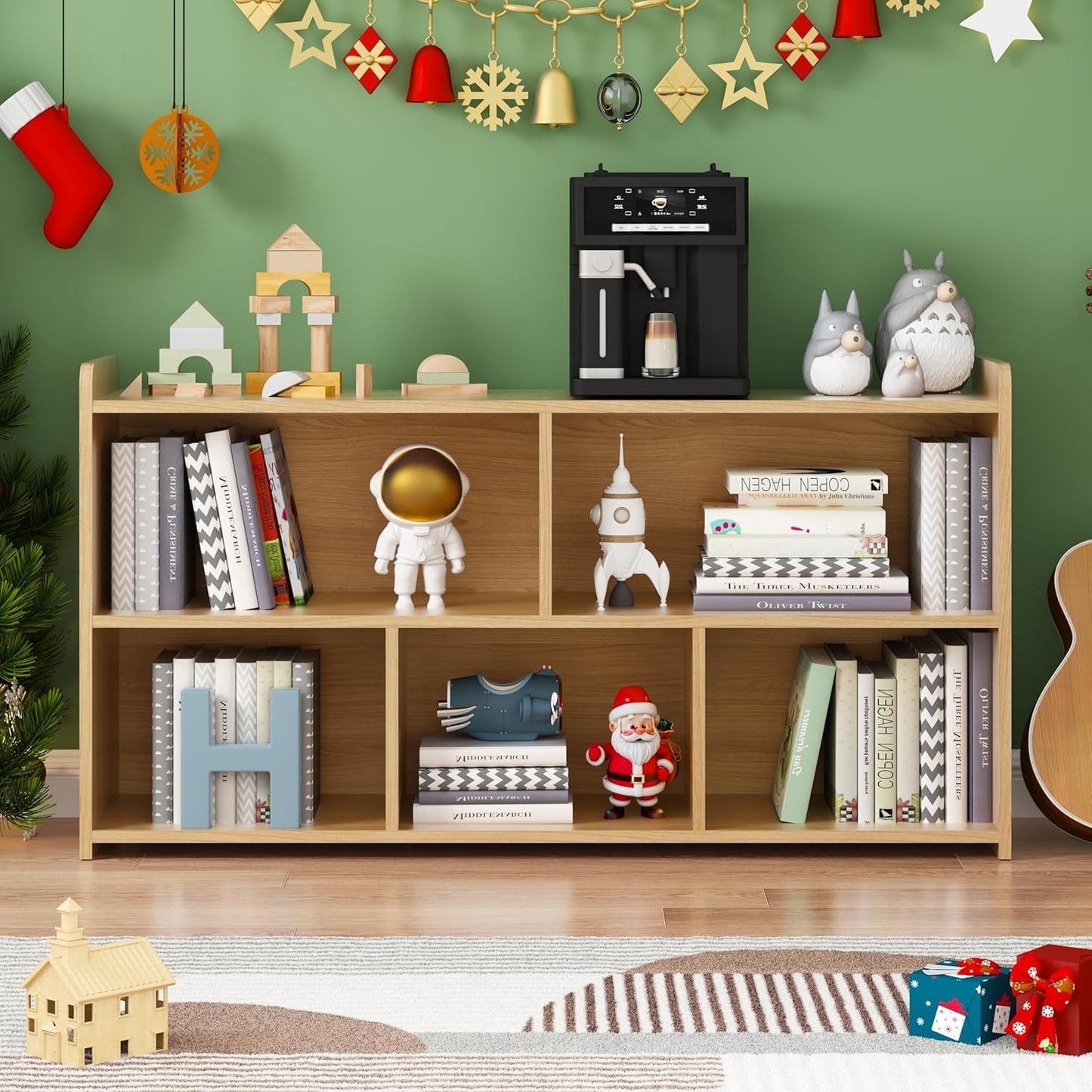 Book Shelf, 5 Cubes Storage Organizer, Open Shelf Wooden Bookcase, Freestanding Log Bookshelf Cube Shelf for Bedroom, Living Room, Home Office