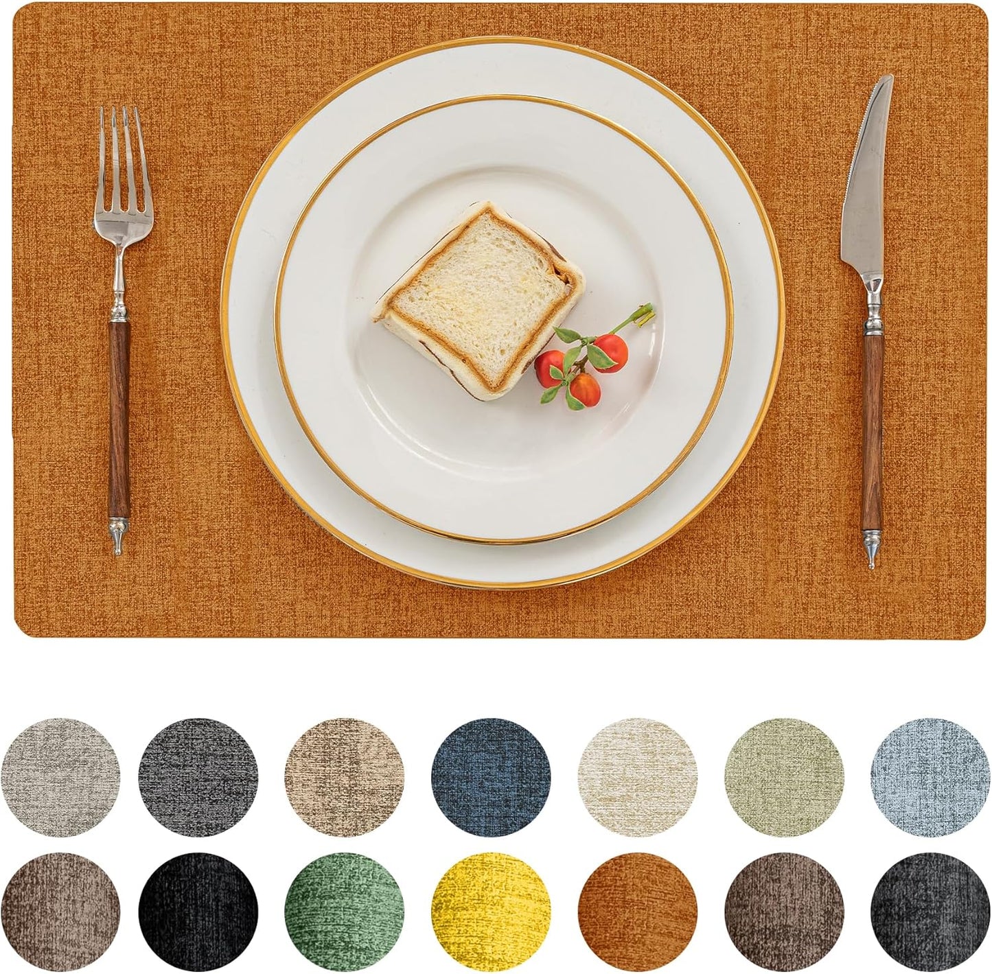 Romanstile Fall Vinyl Placemats Set of 8-12 X 18 Inch - Heat Resistant Place Mats 100% Waterproof Oilproof Wipeable Reversible Faux Leather Table Mats for Kitchen/Dining/Party/Outdoor, Orange