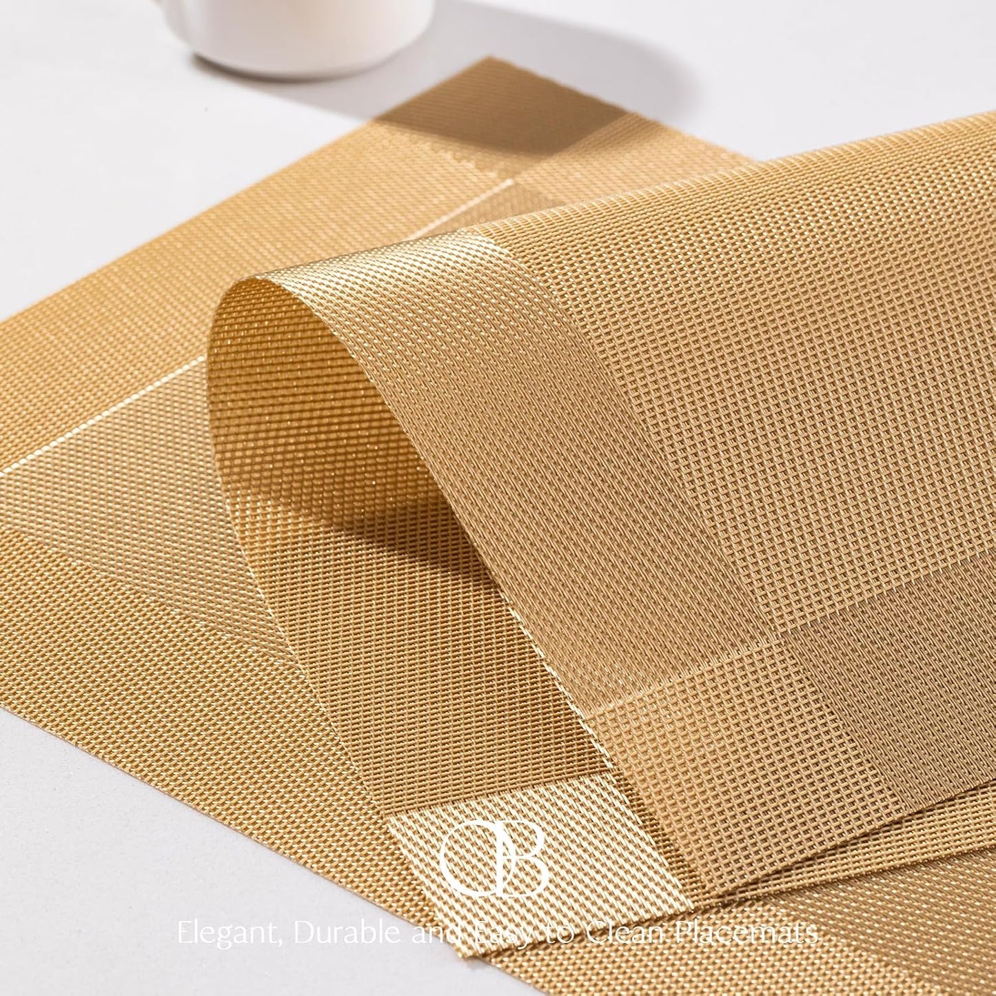 Placemats Set of 4 - Easy Clean Woven Vinyl Placemats for Dining Table, Indoor/Outdoor Place Mats, Washable PVC Table Mats（Gold Cube）