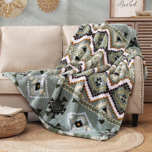 CASAAGUSTO Boho Sherpa Blanket, Aztec Twin Blanket,Ultra Soft, Warm, Cozy, Plush, Thick Fleece Throw Blanket for Couch, Bed, Sofa (Olive Green 60 * 80 Inch)