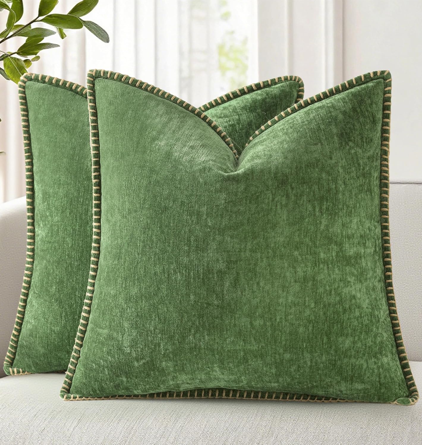 decorUhome Fall Chenille Soft Throw Pillow Covers 18x18 Set of 2, Farmhouse Velvet Neutral Decorative Euro Pillow Covers with Stitched Edge for Couch Sofa Bed Home Decor, Forest Elf