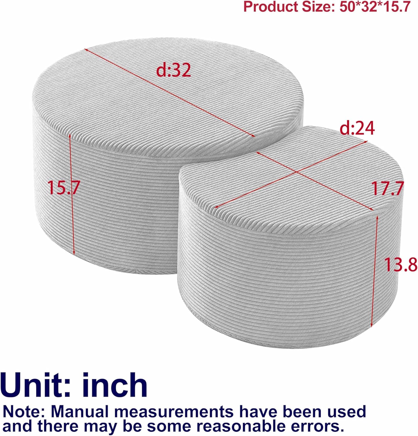WILLIAMSPACE 50" Foam Nesting Coffee Table Set of 2, Modern Upholstered Round Center Tables for Living Room, Accent Side Tea Table Ottoman, No Assembly - Beige