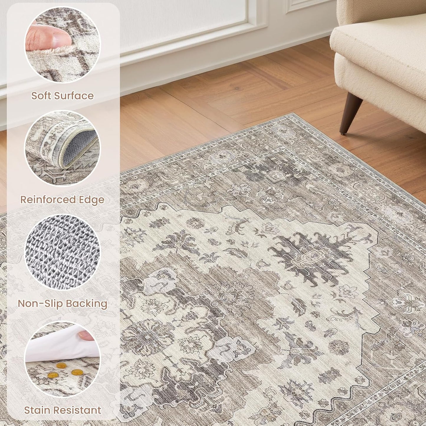 Washable Area Rugs for Living Room -8x10 Neutral Vintage Distressed Floral Farmhouse Boho Large Soft Floor Rug Indoor Non Slip Carpet for Living Room Bedroom Dining Room Office-Brown/Beige