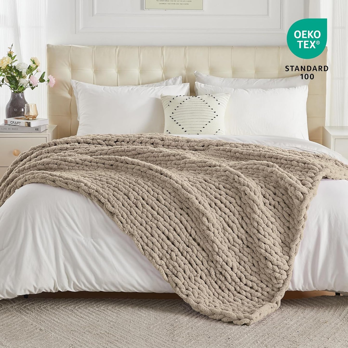 Carriediosa Chunky Knit Throw Blanket 50" X 60", 100% Hand Made Large Chenille Loop Yarn Soft Fluffy Throws for Couch Sofa Bed, Big Crochet Cozy Heavy Thick Cable Woven Blankets, Taupe