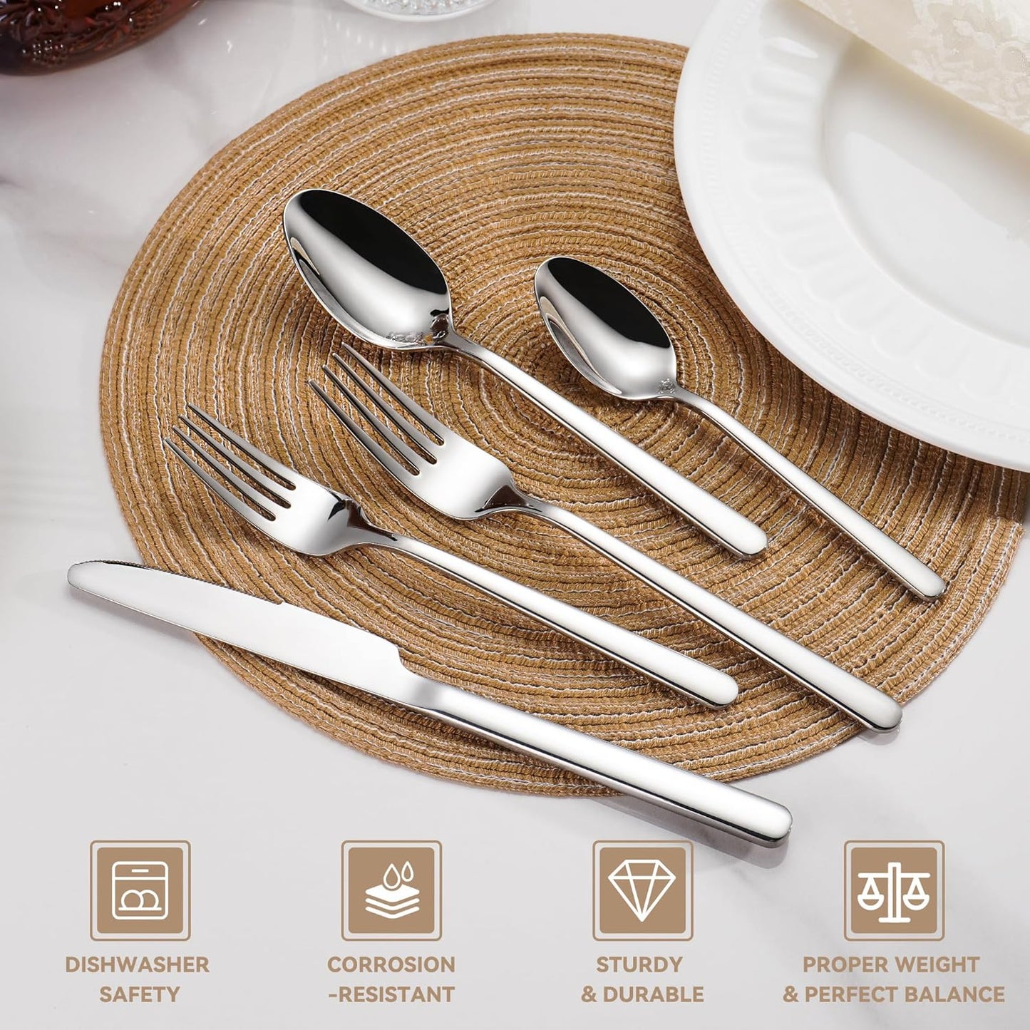 60 Piece Stainless Steel Silverware Set for 12, 18/10 Silverware Set, Flatware Set for 12, 18/10 Stainless Steel Flatware, Dishwasher Safe