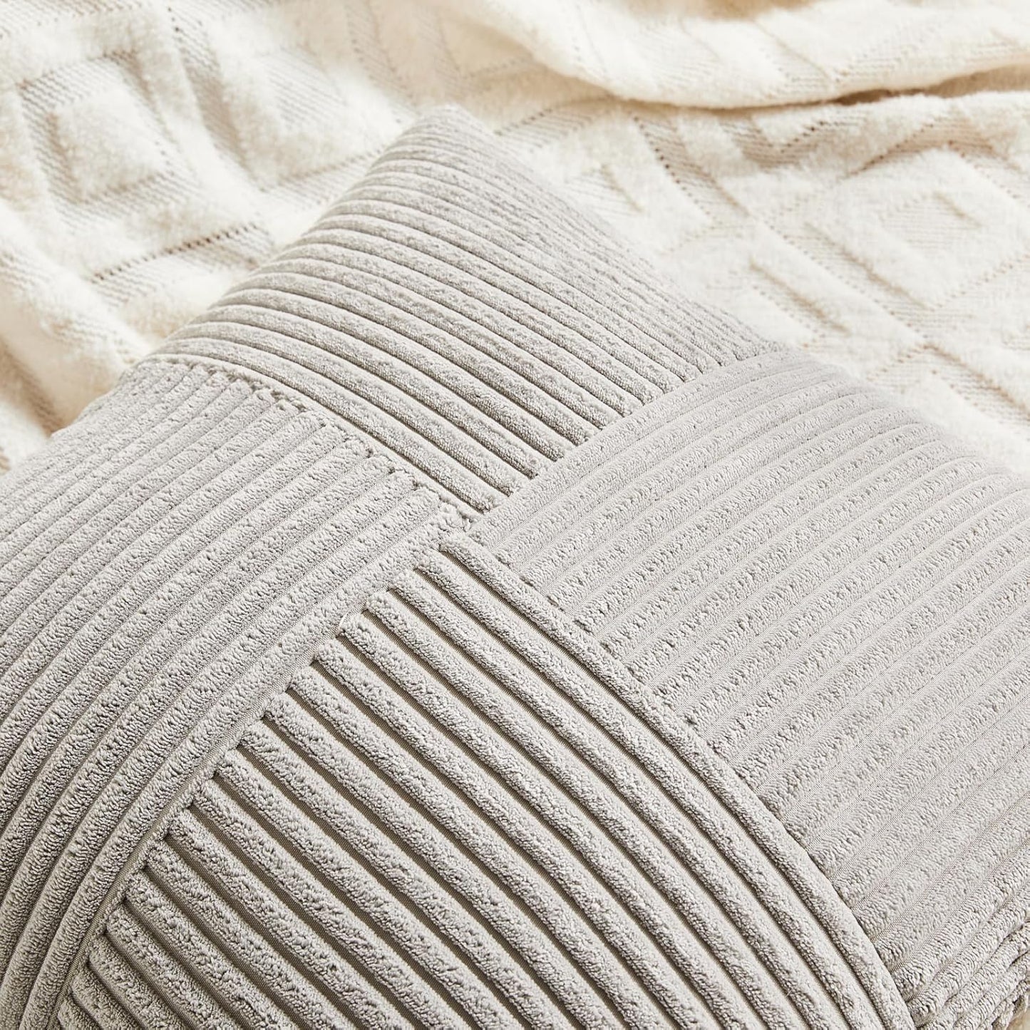 Fancy Homi 2 Packs Neutral Grey Euro Decorative Throw Pillow Covers 26x26 Inch for Couch Bed Sofa, Rustic Farmhouse Boho Home Decor, Soft Corss Corduroy Patchwork Textured Square Cushion Case 66x66 cm