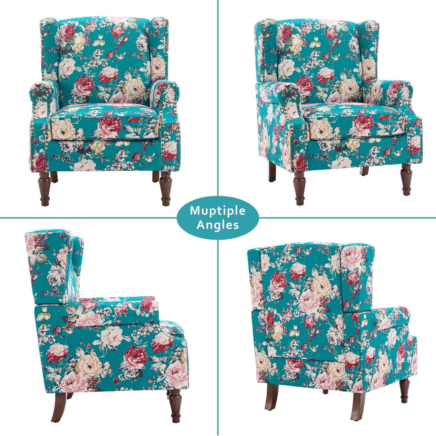 Lumibee High Back Accent Chair Set of 2, Armchair in Fabric,Comfy Upholstered Wingback Single Sofa Reading Chairs with Solid Wood Legs for Living Room,Bedroom,Office-Peacock Blue