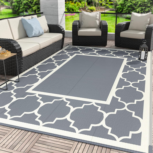 GENIMO 6' x 9' Outdoor Rug Waterproof for Patio Decor, Foldable Reversible Plastic Straw Area Rugs Mat for Camper, Outside Carpet for Rv, Deck, Porch, Picnic, Beach, Balcony, Grey & Beige White