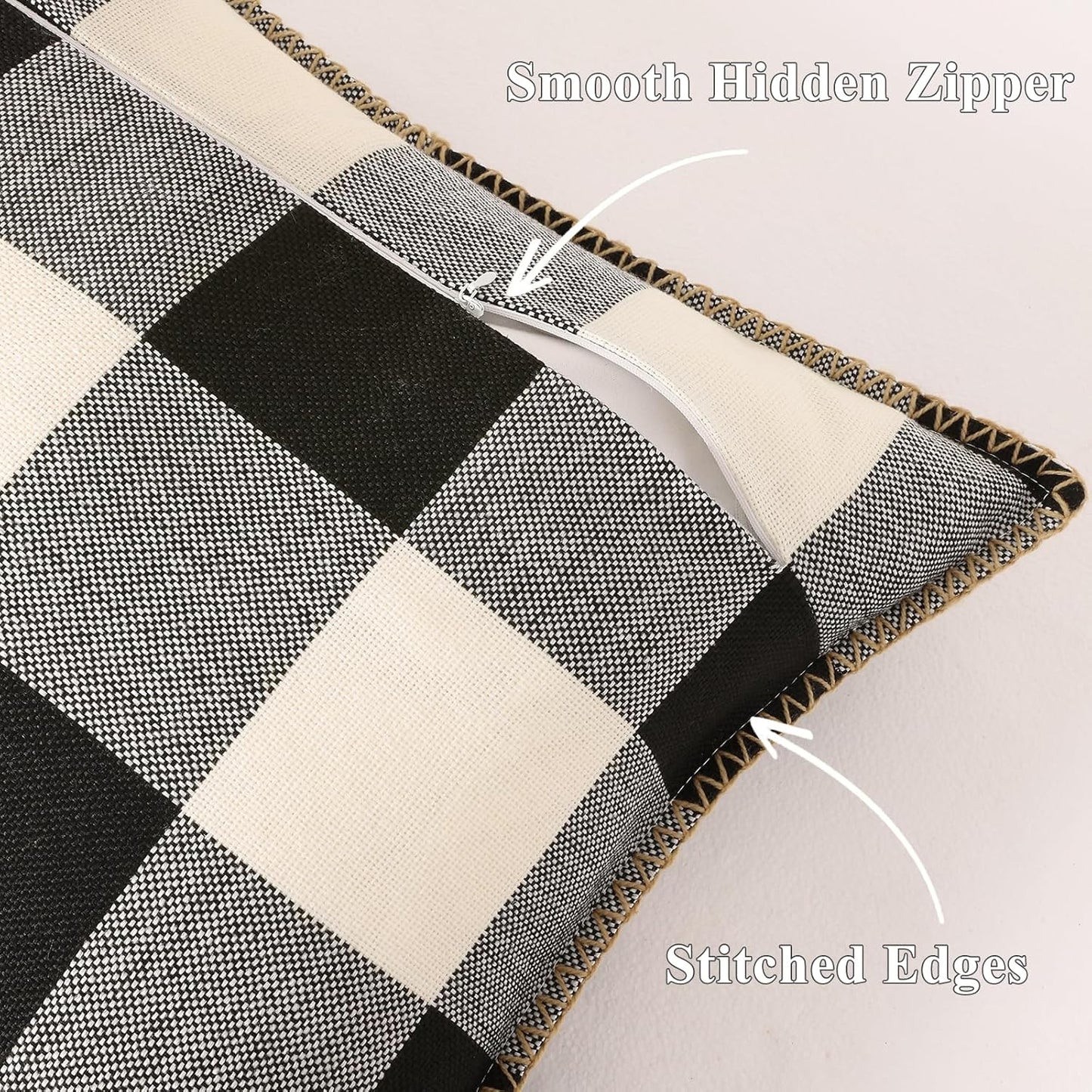decorUhome Buffalo Plaid Check Throw Pillow Covers 18x18 Set of 2, Outdoor Decorative Farmhouse Neutral Pillow Covers with Stitched Edge for Bed Couch Sofa, Black and White