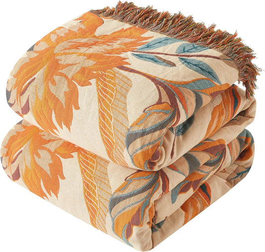 Boho Throw Blanket for Couch Sofa Bed, 100% Cotton Woven Quilt with Tassel 60”x80”, Super Soft Muslin Blanket with Floral Printed, Decorative Reversible Bed Blanket/Cover for All Seasons