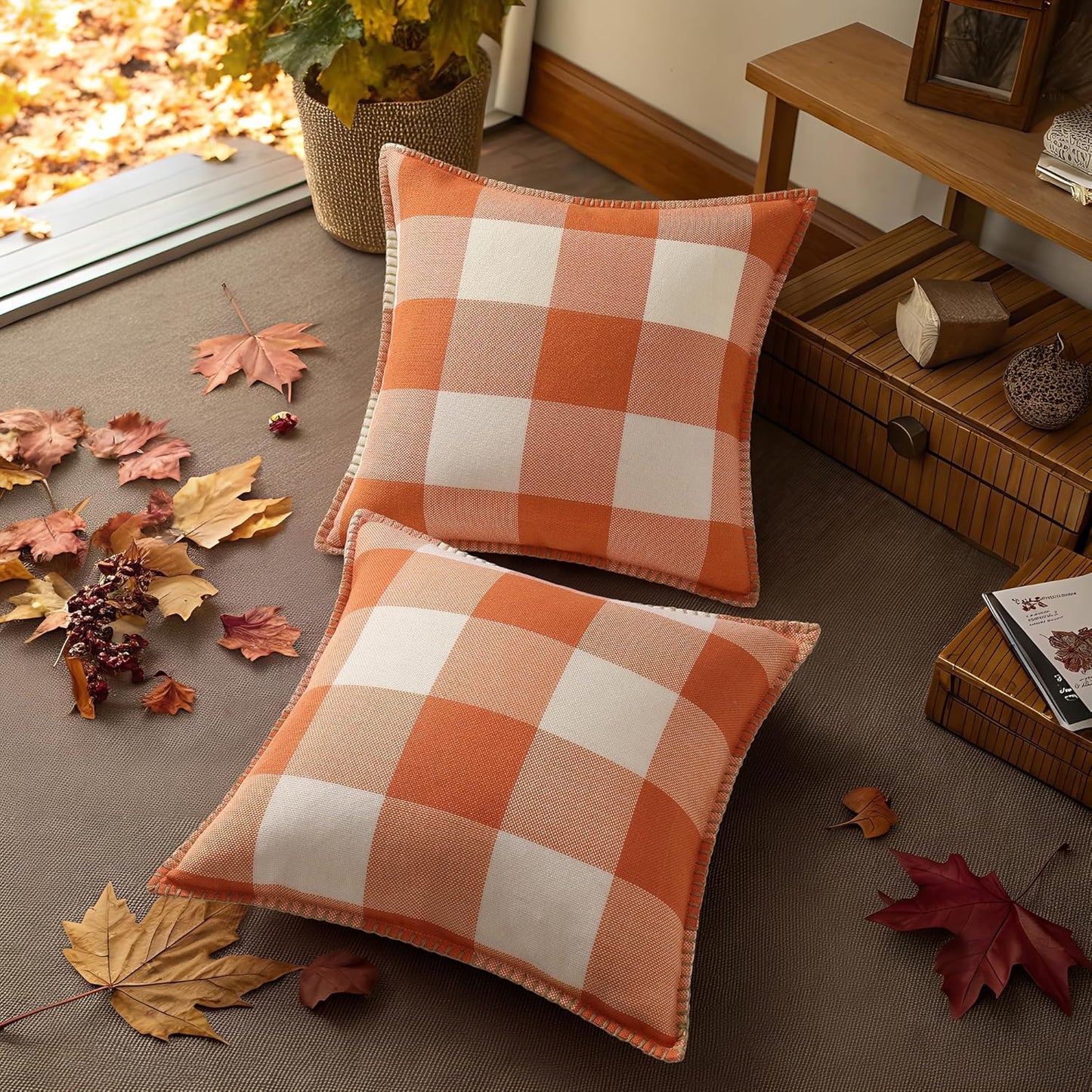decorUhome Fall Orange and White Decorative Throw Pillow Covers 20x20 Set of 2, Buffalo Plaid Check Farmhouse Cushion Covers with Stitched Edge for Autumn Harvest Couch Sofa Bed Home Decor