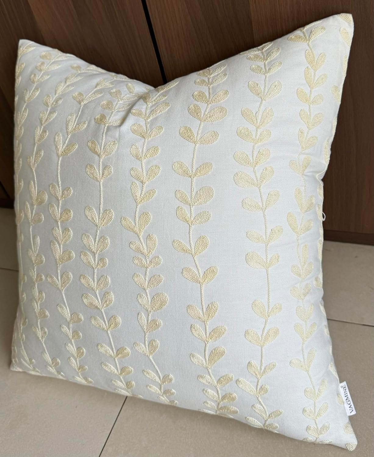 VAGMINE Embroidered Floating Leaves Throw Pillow Cover - 18x18 Inches Square - 100% Cotton Ivory Decorative Cushion Cover - Timeless Nature-Inspired Accent for Sofa, Couch & Modern Decor - Cream