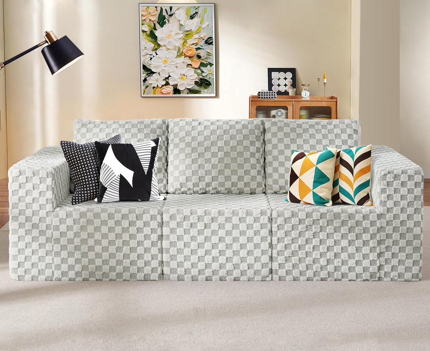 Modular Sectional Sofa 3-Seater Modular Couch with Deep Seat Memory Foam Cloud Chair with Pillows Oversized Sectional Sofa for Living Room Bedroom (Plush GREYOLIVE, 3-Seater)