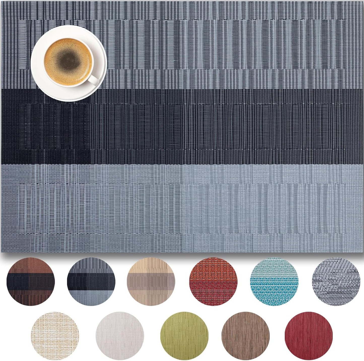 Placemats Set of 6 - Easy Clean Woven Vinyl Placemats for Dining Table, Indoor/Outdoor Place Mats, Washable PVC Table Mats （Silver Gray Black）