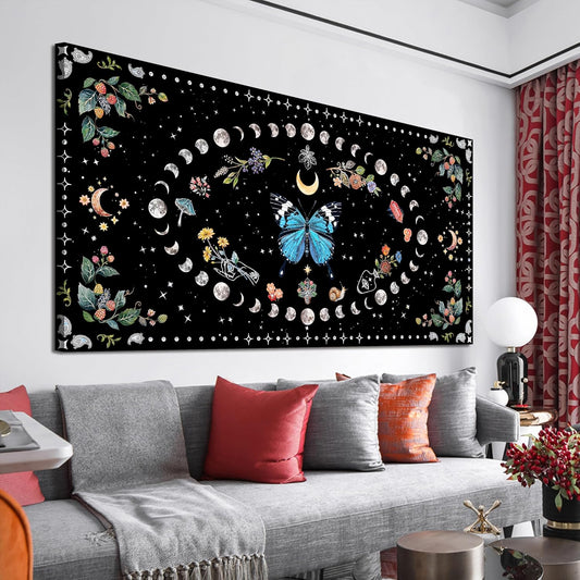 Large Canvas Wall Art Blue Boho Wall art Decor Canvas Art Wall Decor Wall Pictures for Living Room Vintage Butterfly Wall Art Moon Flower Prints Large Artwork for Walls Home Room Decor 29" X 58"