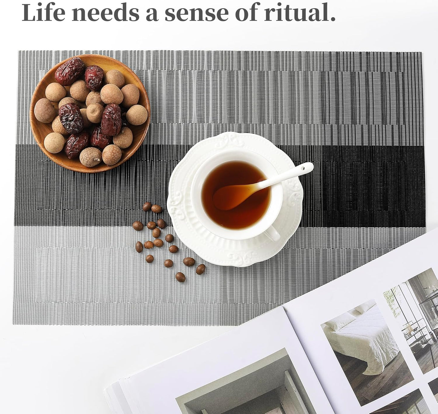 Leetaltree Grey with White Striped Placemats Set of 6 - Heat Resistant Non-Slip Place mats for Dining Table, Washable Durable PVC Vinyl Woven Table Mats（Grey Stripe, 6）