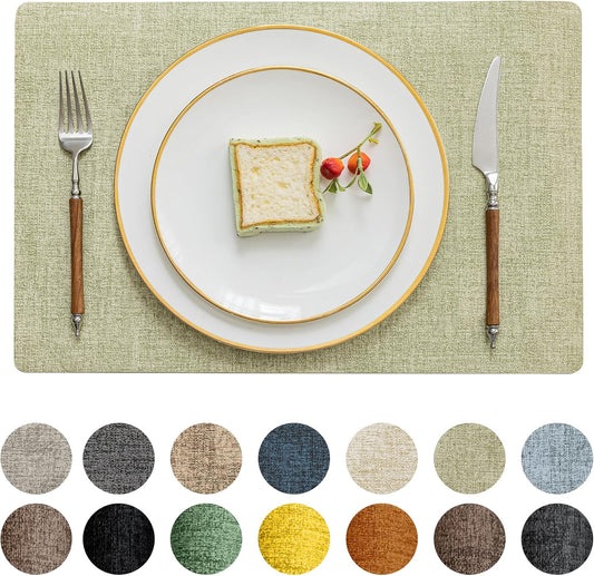 Romanstile Vinyl Placemats Set of 4-12 X 18 Inch - Heat Resistant Place Mats 100% Waterproof Oilproof Wipeable Reversible Faux Leather Table Mats for Kitchen/Dining/Party/Outdoor, Grass Green