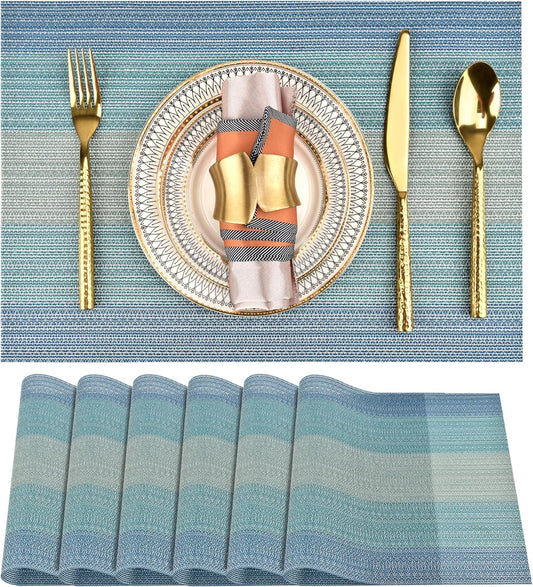 Placemats Set of 6 - Easy Clean Washable Vinyl Placemats - Wipeable Heat Resistant Table Mats for Dining Table - 17.7x11.8 Inch (6, Blue Gradient)