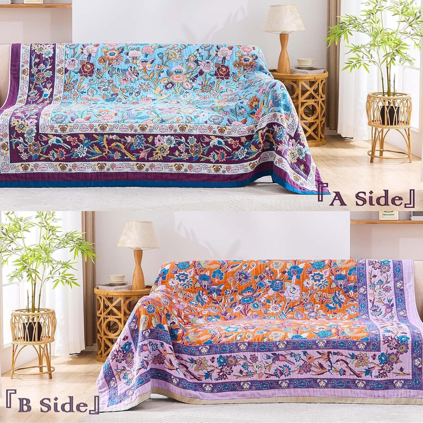 Fall Blanket for Bed, 100% Cotton Soft Rustic Boho Throw Blanket Quilt, 60"x80" Farmhouse Decor Bed Flower Blankets, Light Weight Reversible Bohemian Throw Quilt