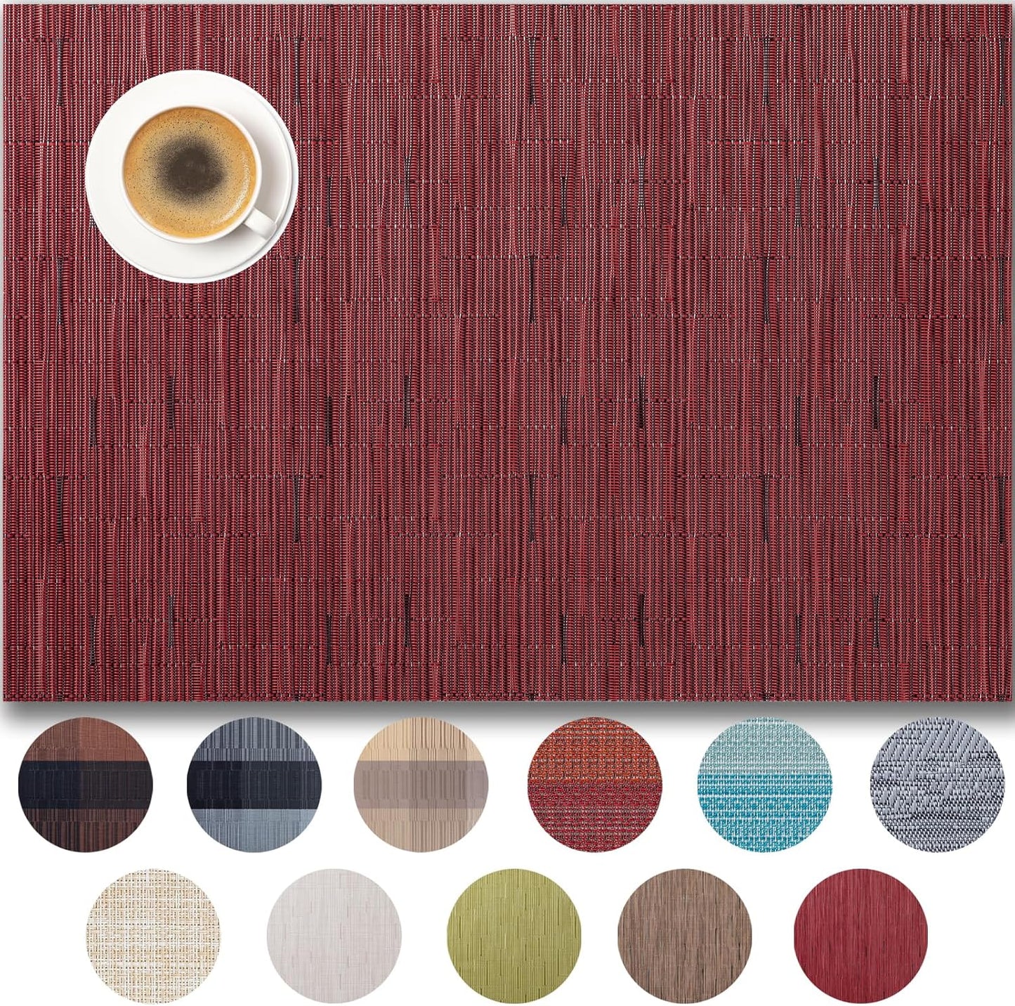 Placemats Set of 4 - Easy Clean Woven Vinyl Placemats for Dining Table, Indoor/Outdoor Place Mats, Washable PVC Table Mats （Burgundy）