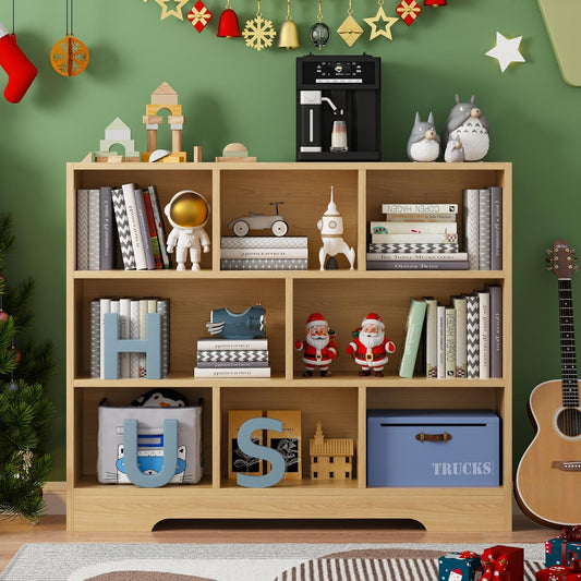 Book Shelf, 8 Cubes Storage Organizer, 3-Tier Open Shelf Wooden Bookcase, Freestanding Log Bookshelf Cube Shelf for Bedroom, Living Room, Home Office