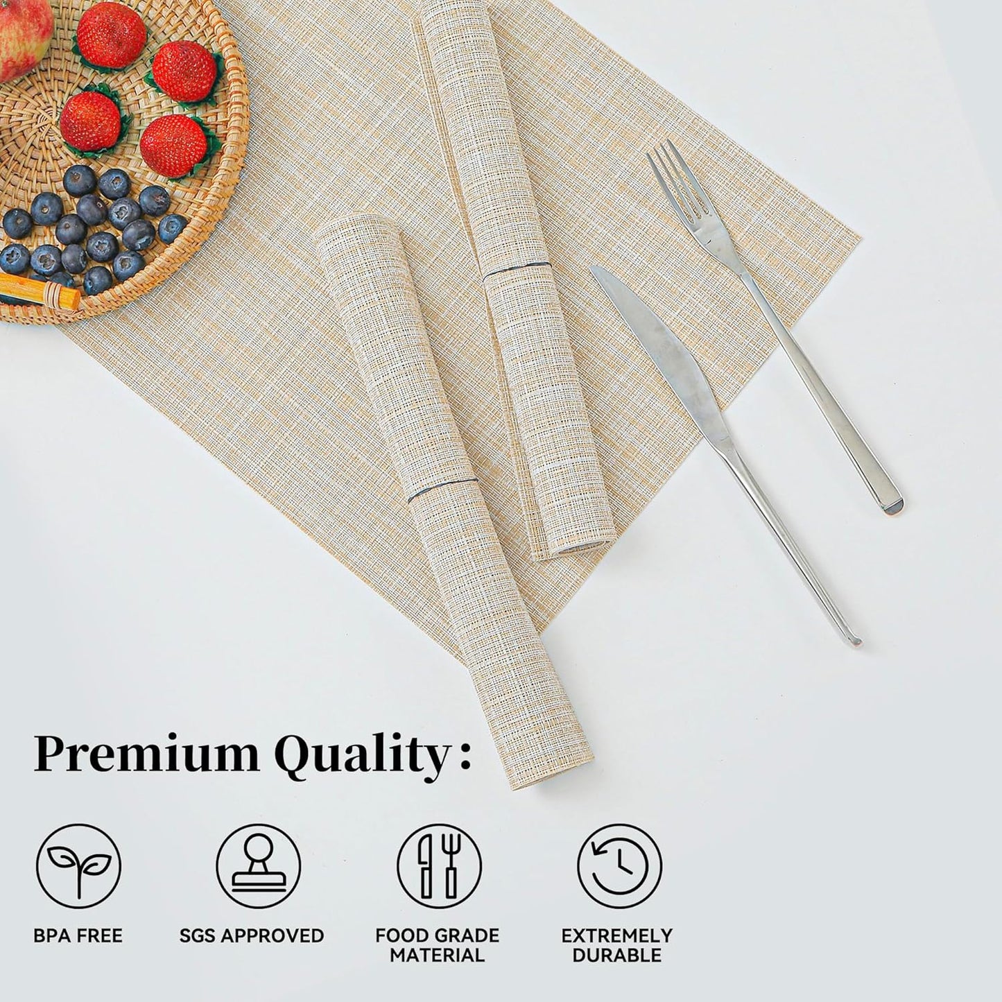 Leetaltree Beige Placemats Set of 24 - Heat Resistant Non-Slip Place mats for Dining Table, Washable Durable PVC Vinyl Woven Table Mats（Beige, 24）