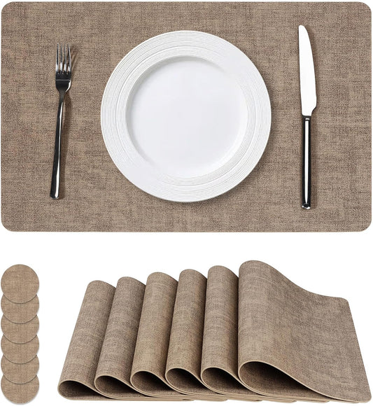 Vinyl Placemats Set of 6, Faux Leather Waterproof and Heat Resistant Place Mats, Washable Anti-Slip Table Mats with Coaster, Wipeable Placemats for Indoor & Outdoor 17" x 12" (Light Coffee, Set of 6)