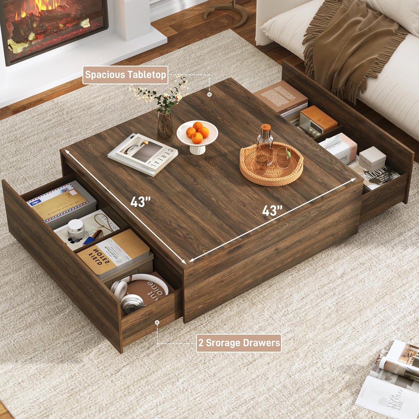 43” Square Coffee Table with Storage, Modern Large Square Center Table with 2 Drawers, Wood Coffee Table for Living Room, Walnut