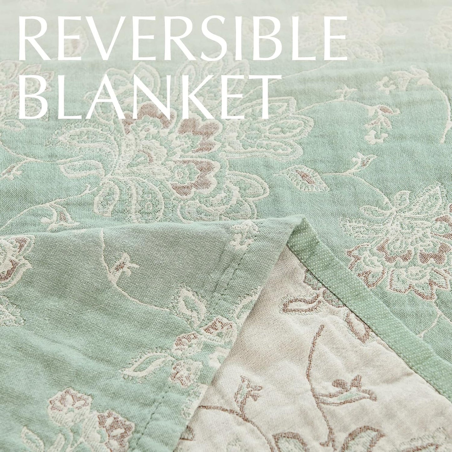 jinchan Boho 100% Cotton Muslin Queen Size 80x90 Inches Blanket Lightweight 4-Layer Quilted Soft Green and Beige Floral Throw Blanket Reversible Comfy Flower Rustic All Seasons Couch Bedroom Decor