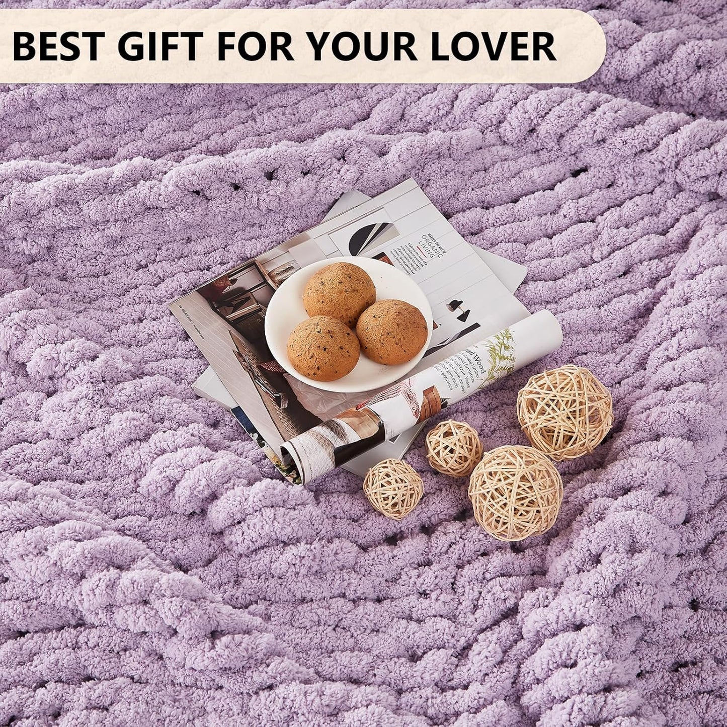 L'AGRATY Chunky Knit Blanket Throw - Soft Chenille Yarn Throw Blanket 50x60: Handmade Thick Cable Knit Crochet Blanket - Large Knit Blanket Chunky Rope Knot Throw Blanket for Couch Sofa Bed Home Decor