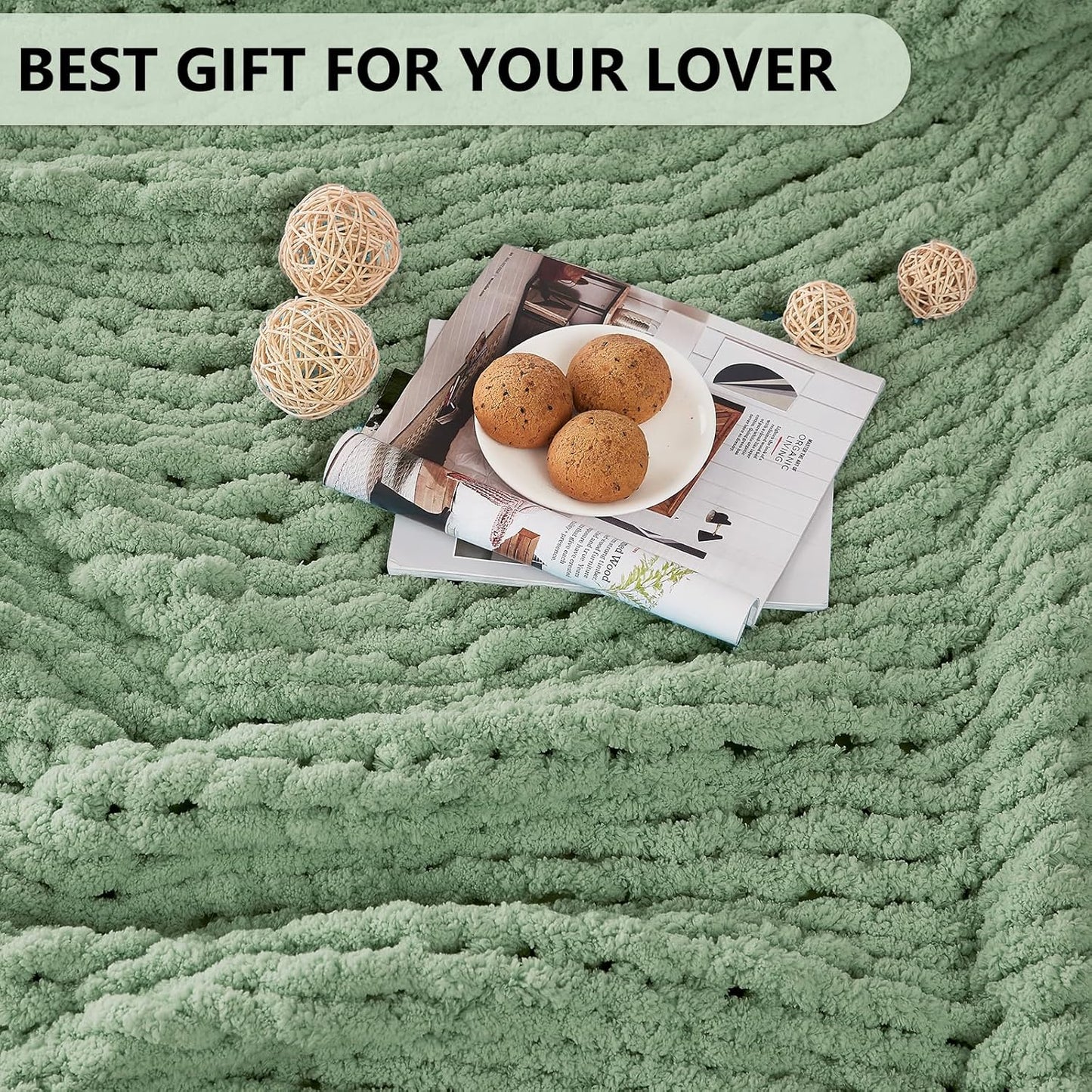 L'AGRATY Chunky Knit Blanket Throw: 72''x84'' Chenille Chunky Knitted Throw Blanket for Bed Couch - Handmade Thick Big Cable Knit Blanket - Large Chunky Crochet Blanket for Home Decor(Sage Green)