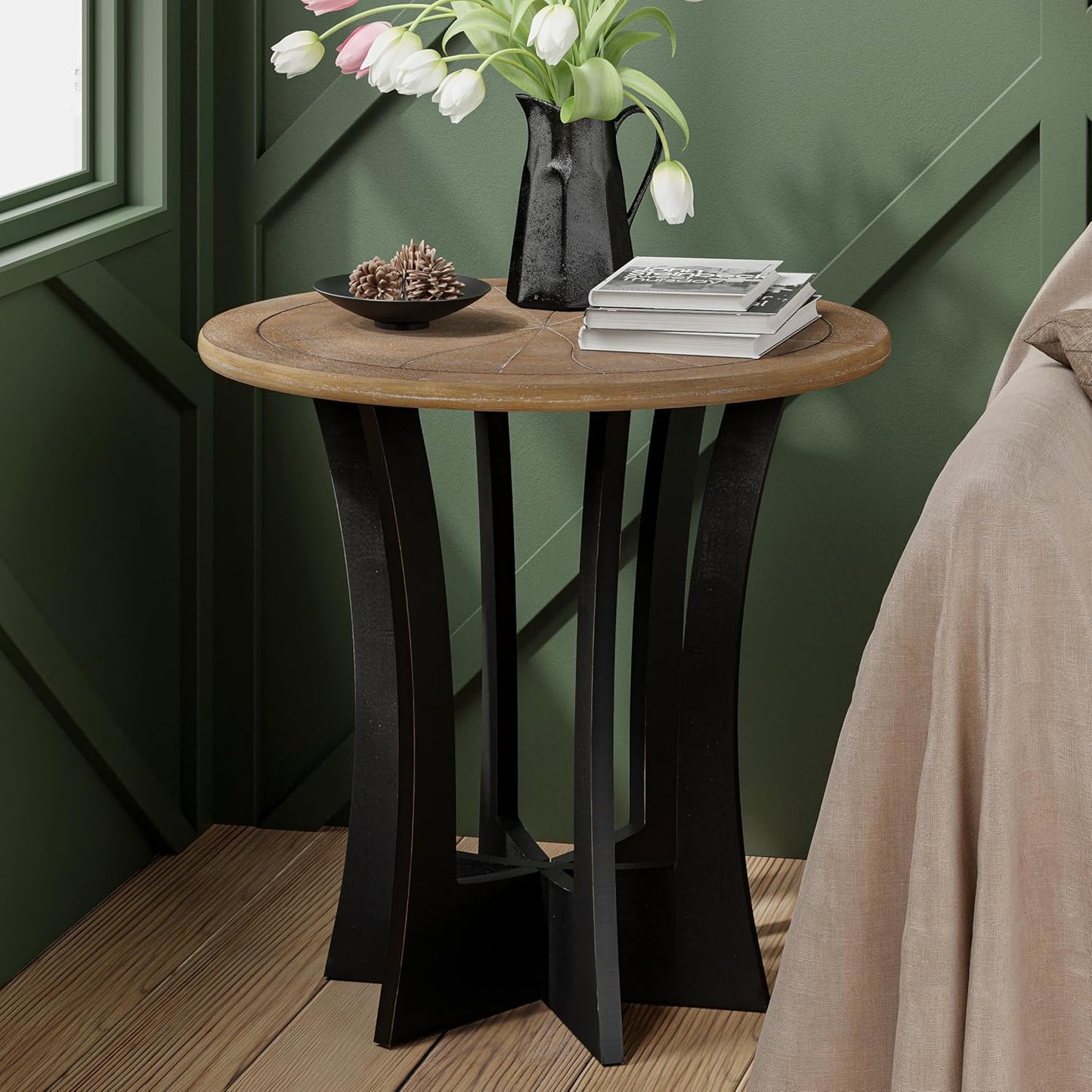 Farmhouse Round End Table X 2P with Criss-Cross Wood Legs, Rustic French Country Side Table for Dinning or Living Room, Modern, Black, Natural Wood
