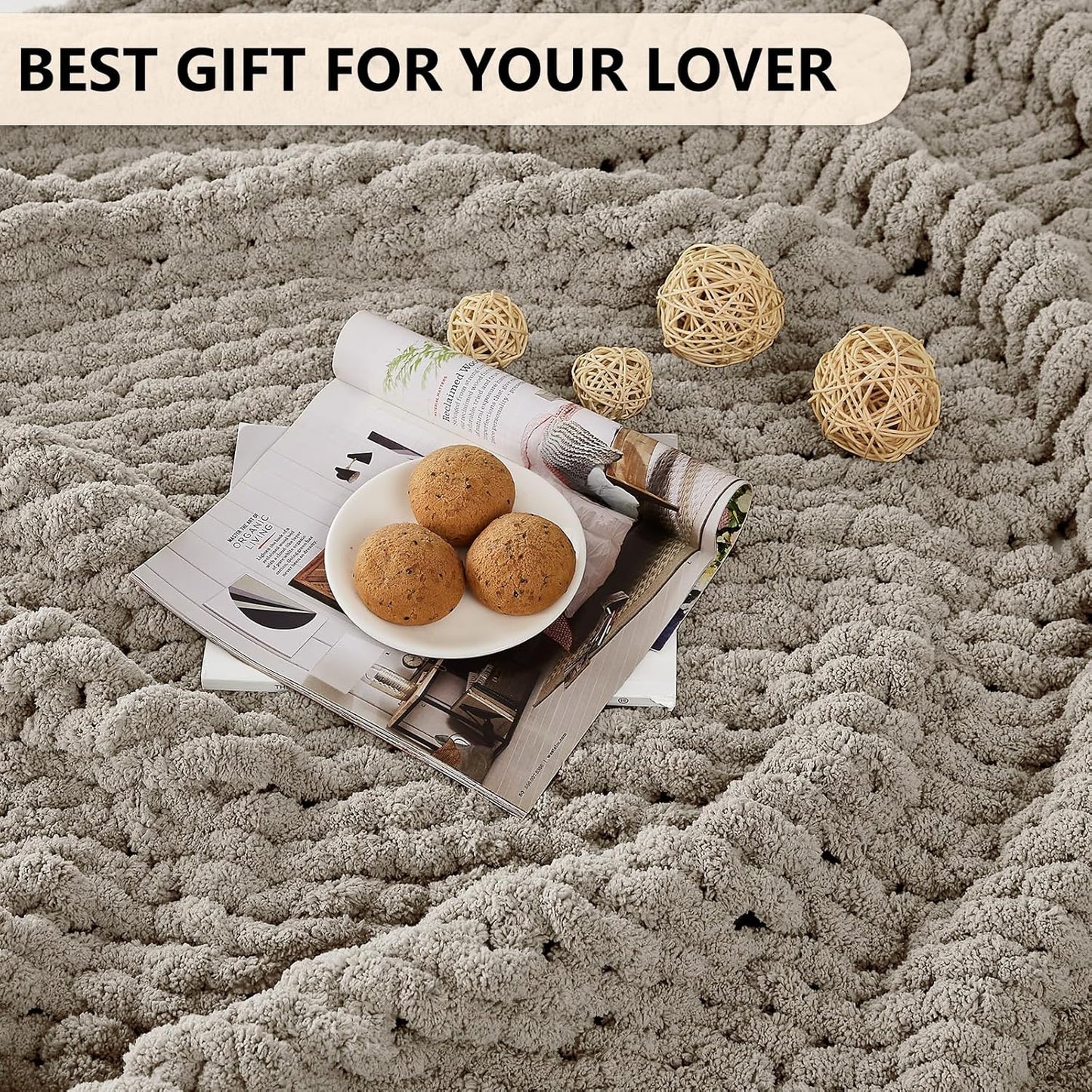 L'AGRATY Chunky Knit Blanket Throw: 60''x80'' Chenille Chunky Knitted Throw Blanket for Bed Couch - Handmade Thick Big Cable Knit Blanket - Large Crochet Rope Blanket for Home Decor(Light Linen)
