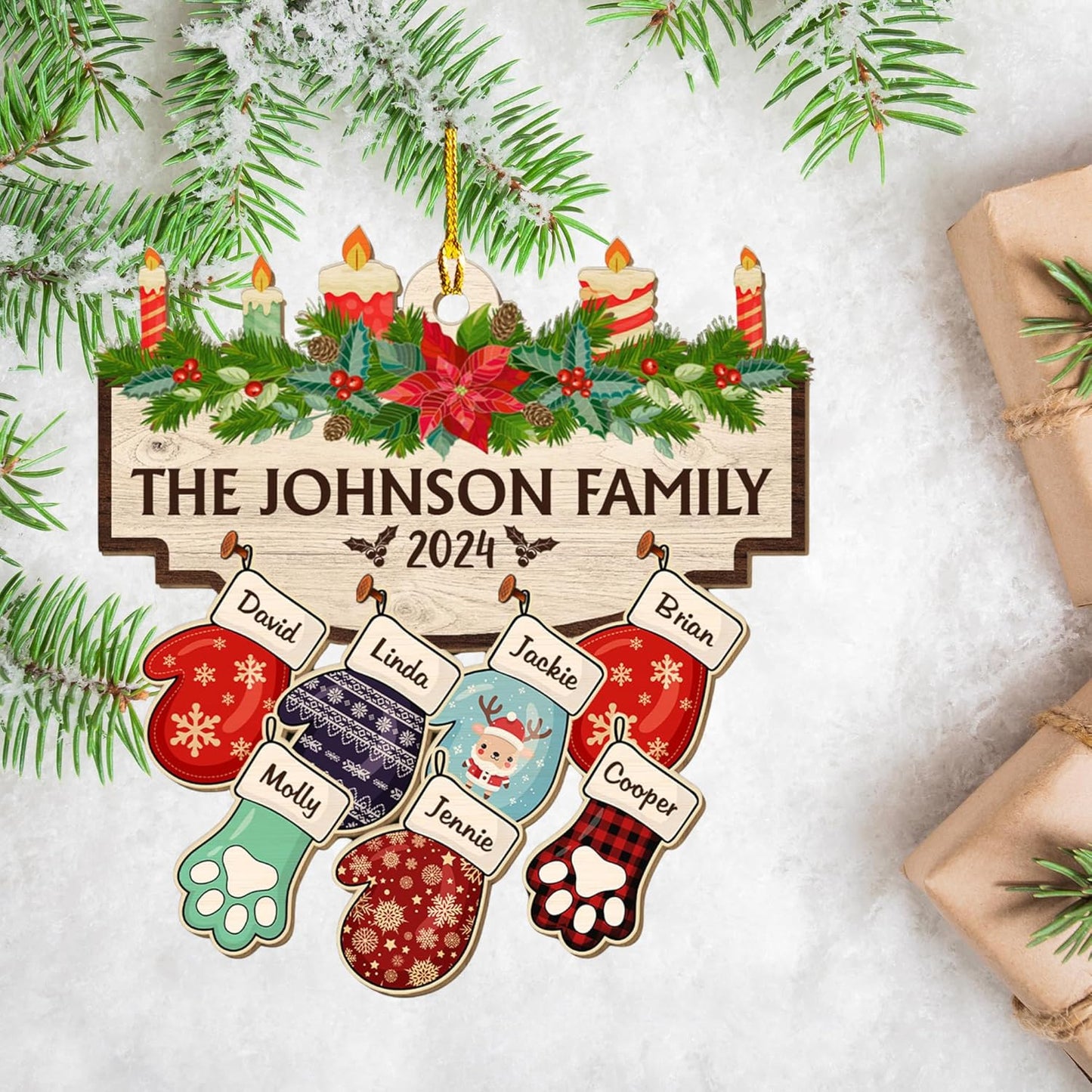 Family with Pet Ver 2 - Personalized Custom Wood Ornament, Family Gloves Christmas Ornament 2024, Xmas Ornament Gifts for Family Tree Decoration (A06, 6 Names)
