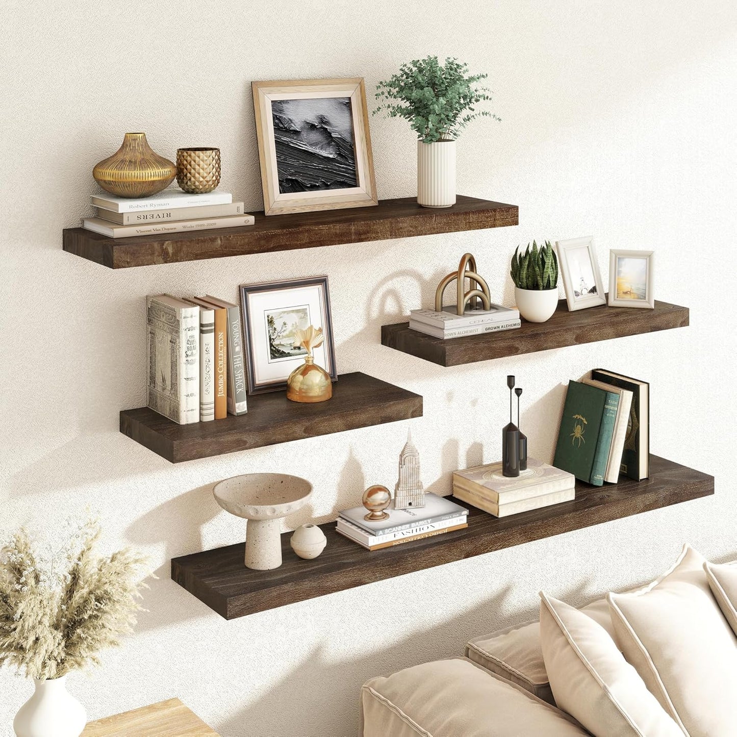 RICHFOCUS Elm Floating Shelves for Wall - 24" W x 9.3" D Rustic Solid Wood Shelves with Invisible Bracket, Wall-Mounted for Living Room, Bedroom, Kitchen Storage & Display, Set of 2, Walnut