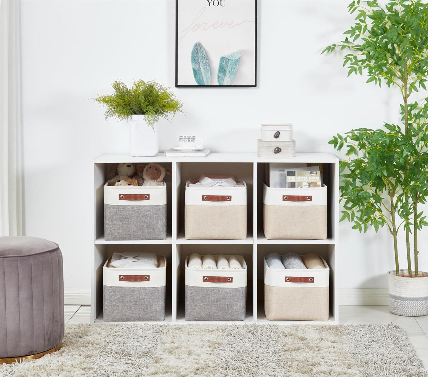 DECOMOMO Storage Bins Fabric Storage Baskets for Shelves, Linen Closet Organization Toys Nursery (Beige and White, Large - 4 Pack)