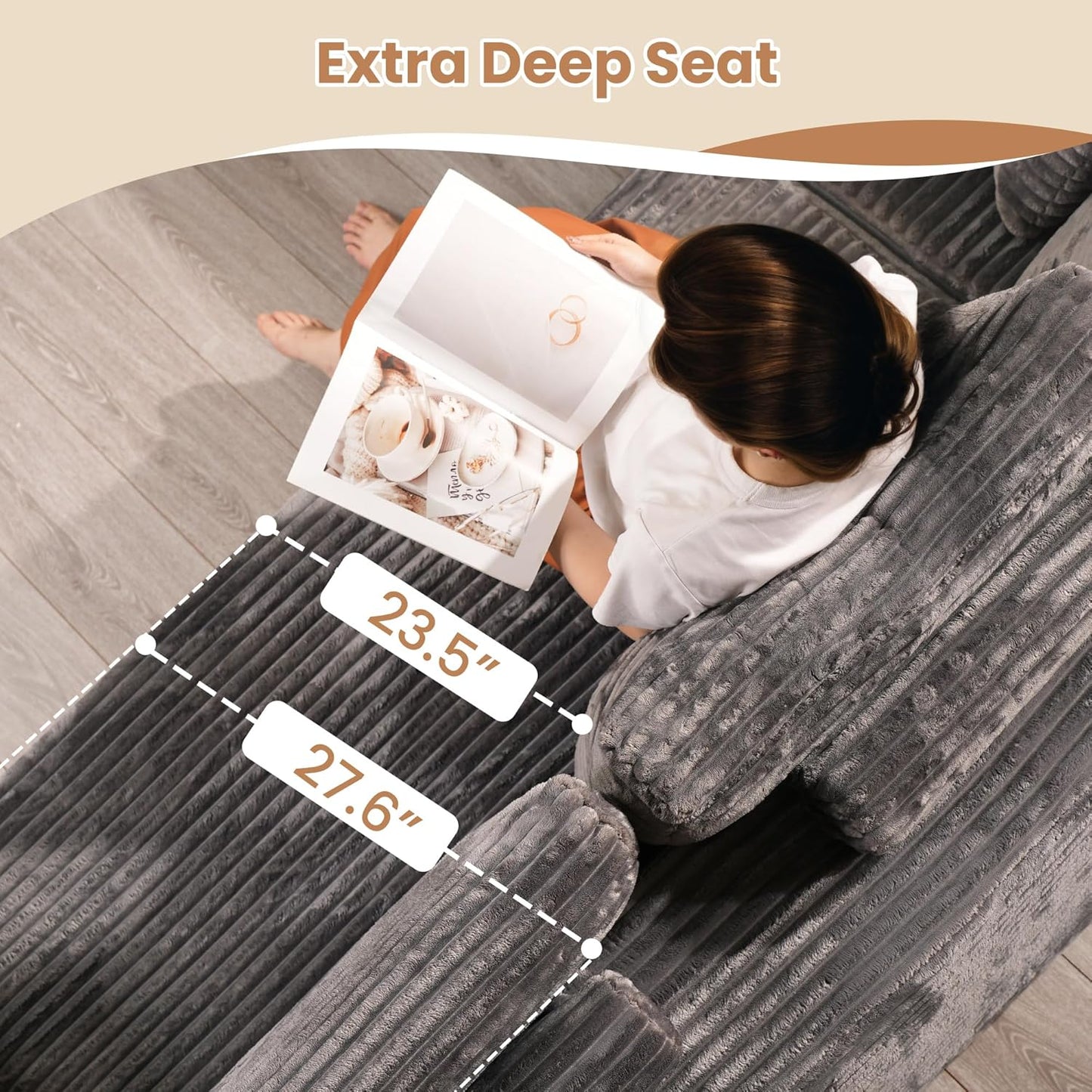 HOOOWOOO Cloud Sectional Couches for Living Room,Modular Sectional Sofa No Assembly,Plush Corduroy Large Floor Couch Furniture Set with Deep Seat Right Chaise L Shape(Gray)
