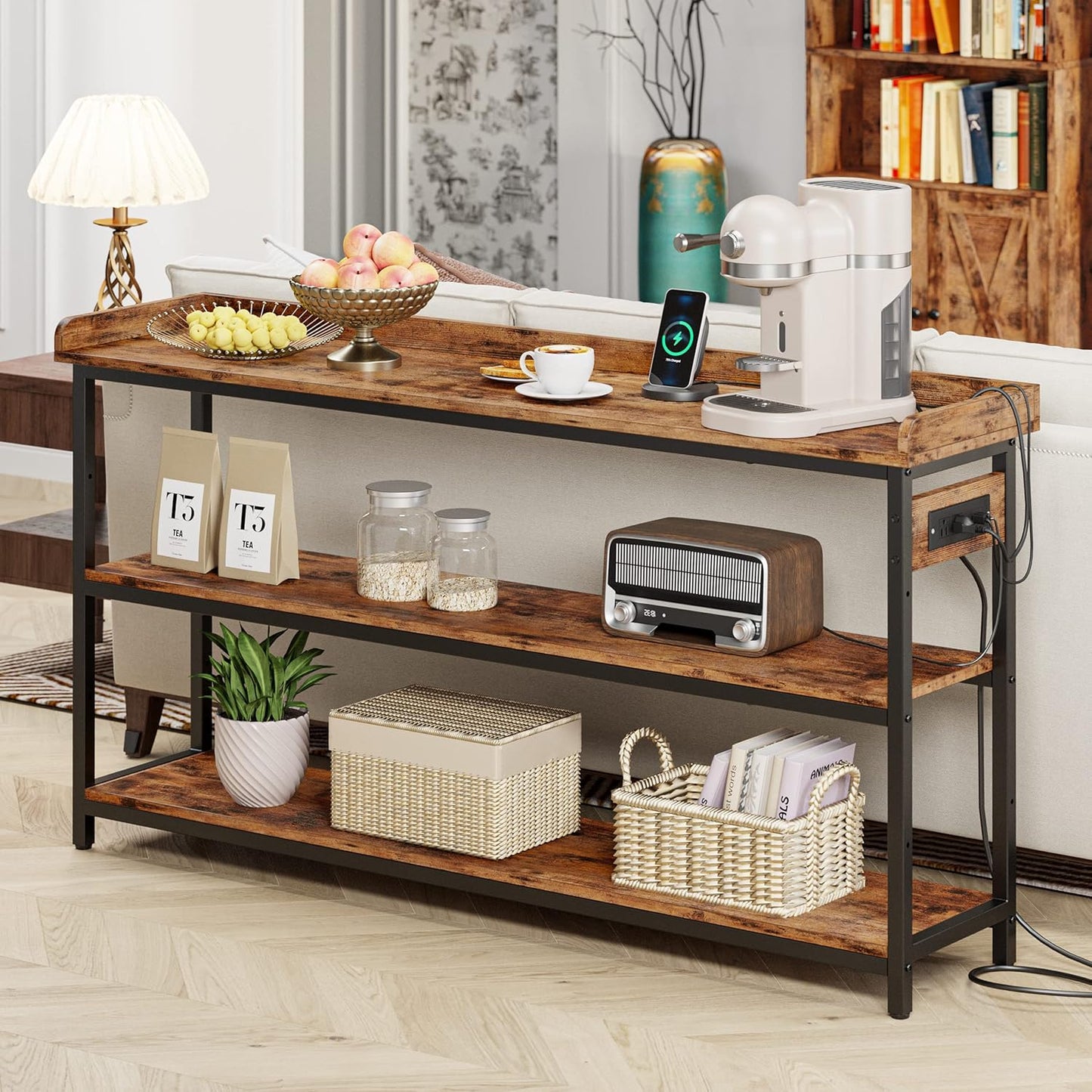 IRONCK Console Table, Sofa Table with Power Outlet, Farmhouse Hallway Table for Entryway, Living Room, Height Adjustable, Easy Assembly, Rustic Brown,55"