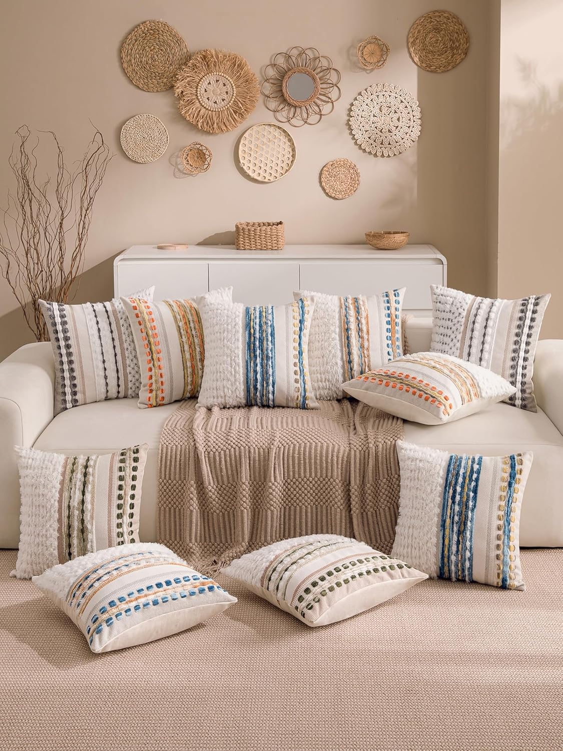 Fall Boho Chenille Tufted Throw Pillow Covers 18x18 Inch Set of 2 Farmhouse Striped Couch Decorative Pillow Covers Accent Neutral Pillowcase Yellow Orange Cushion Cover for Livingroom Sofa Bed