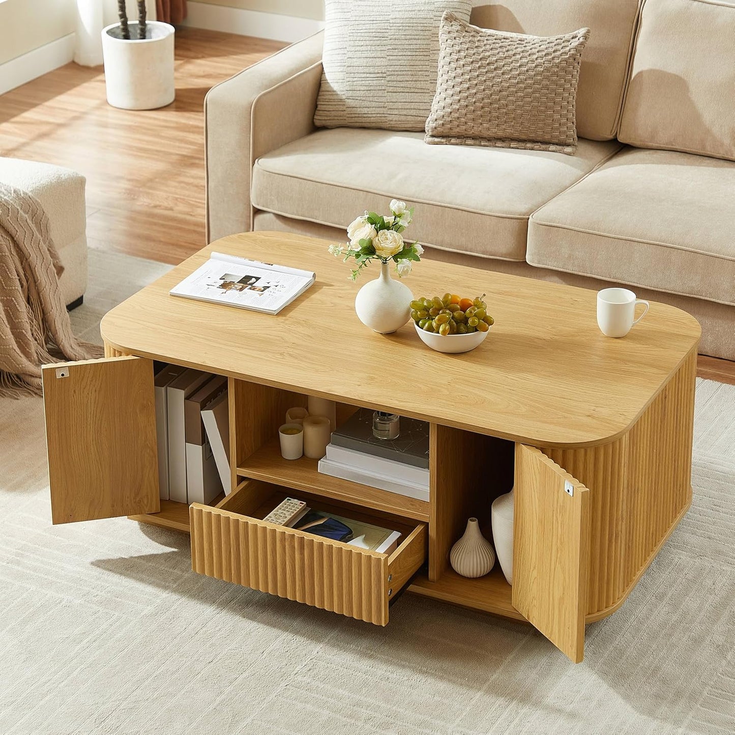 46.5" Oval Coffee Table with Drawers and Storage Mid Century Modern Fluted Solid Wood Side Coffee Tables, Luxury Tea Table Center Table for Living Rooms Offices Apartmen, Natural
