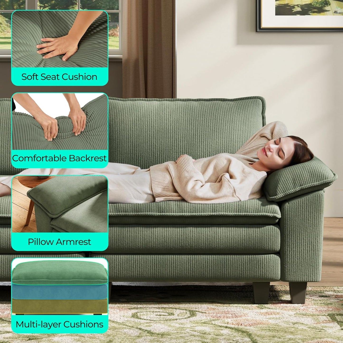 LINSY HOME Modular Sectional Sofa - 123'' Oversized Corduroy Cloud Couch L Shaped Couch with Movable Ottoman Soft Modern Comfy Sofa for Living Room Apartment Office, Green