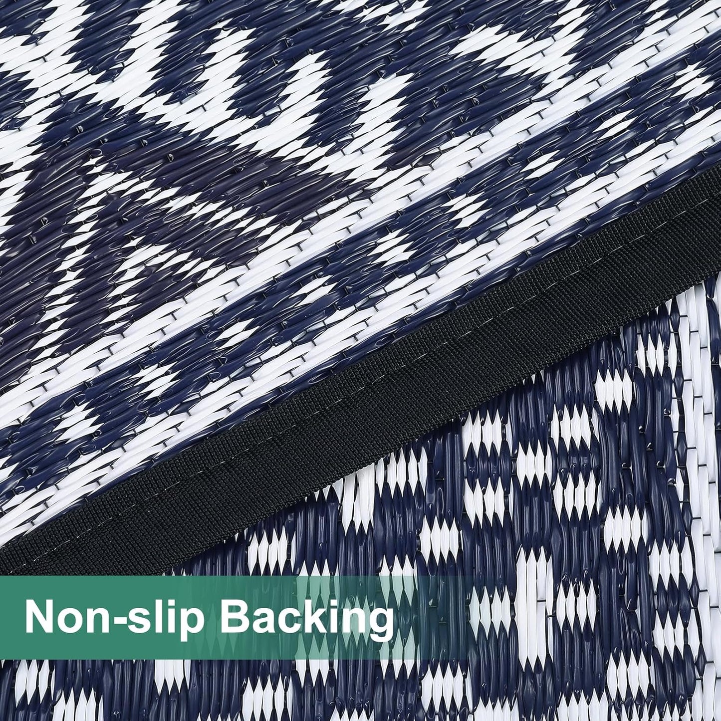 GAOMON Outdoor Rug 9'x12' Waterproof Rug for Patio Decor, Foldable Reversible Plastic Straw Area Rugs Mat for Camper, Outside Carpet for Deck, Porch, Picnic, Beach, Dark Blue/White(Bohemia)